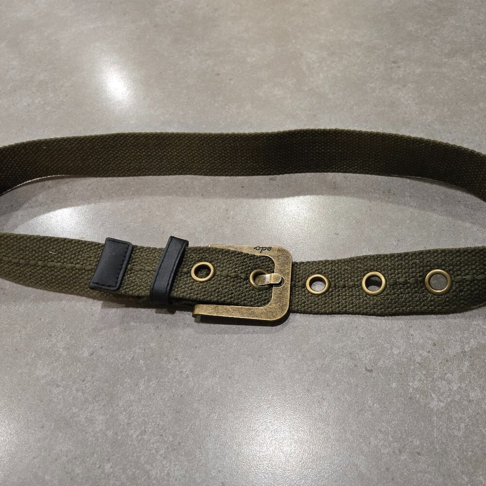 EDC Women's Woven Fabric Belt with Brass Square Buckle - Army Green - Size 36